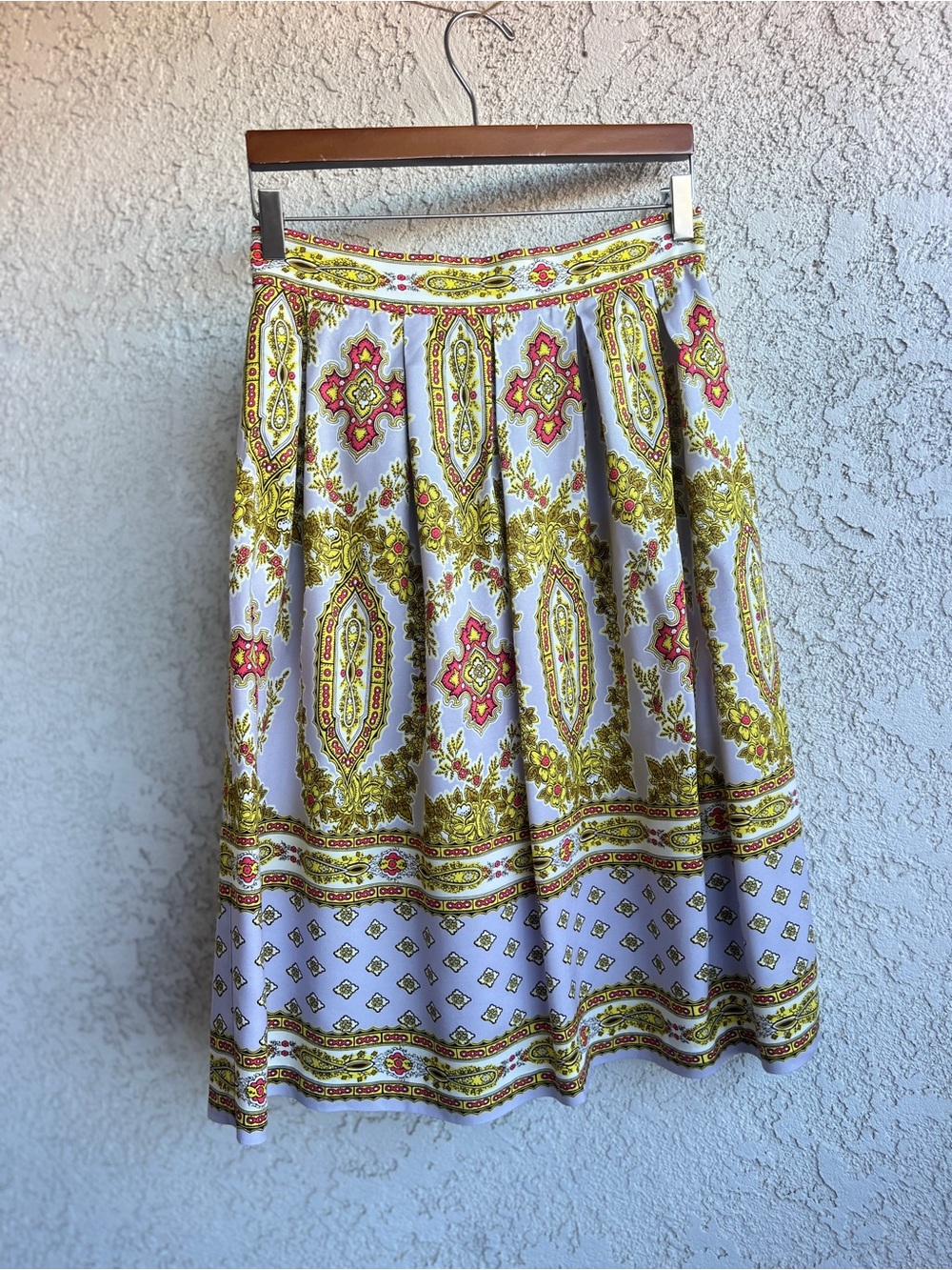 Anthropologie White Midi Skirt with Yellow and Pink Medallion Border